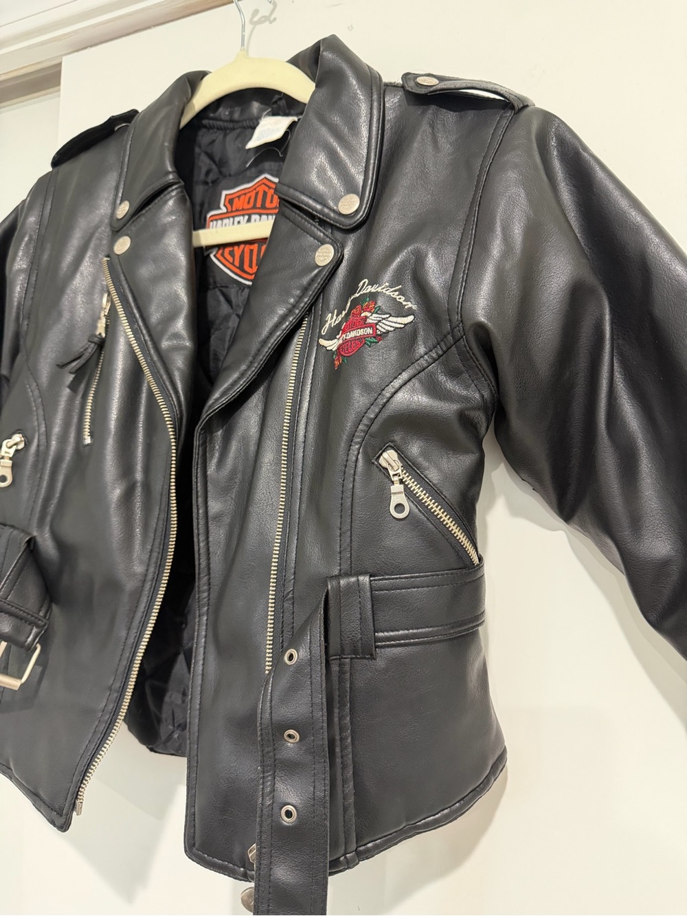 Vintage Harley Davidson Girls Embroidered Rose Biker Jacket Black Size 6X